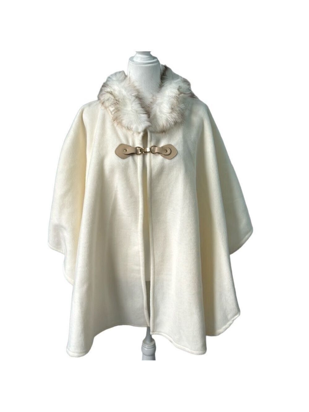 Poncho Cape Coat Ivory Faux Fur Trim Soft Cozy One Size